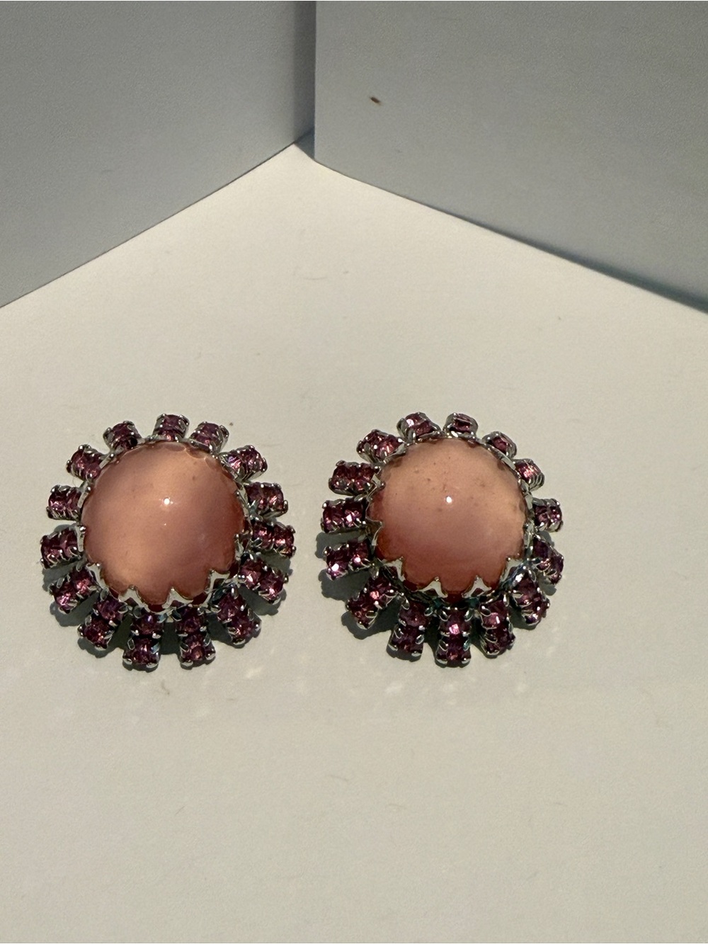 Vintage 1950s Pink Moonglow Rhodium Plated Rhinestone Cluster Clip Earrings MCM